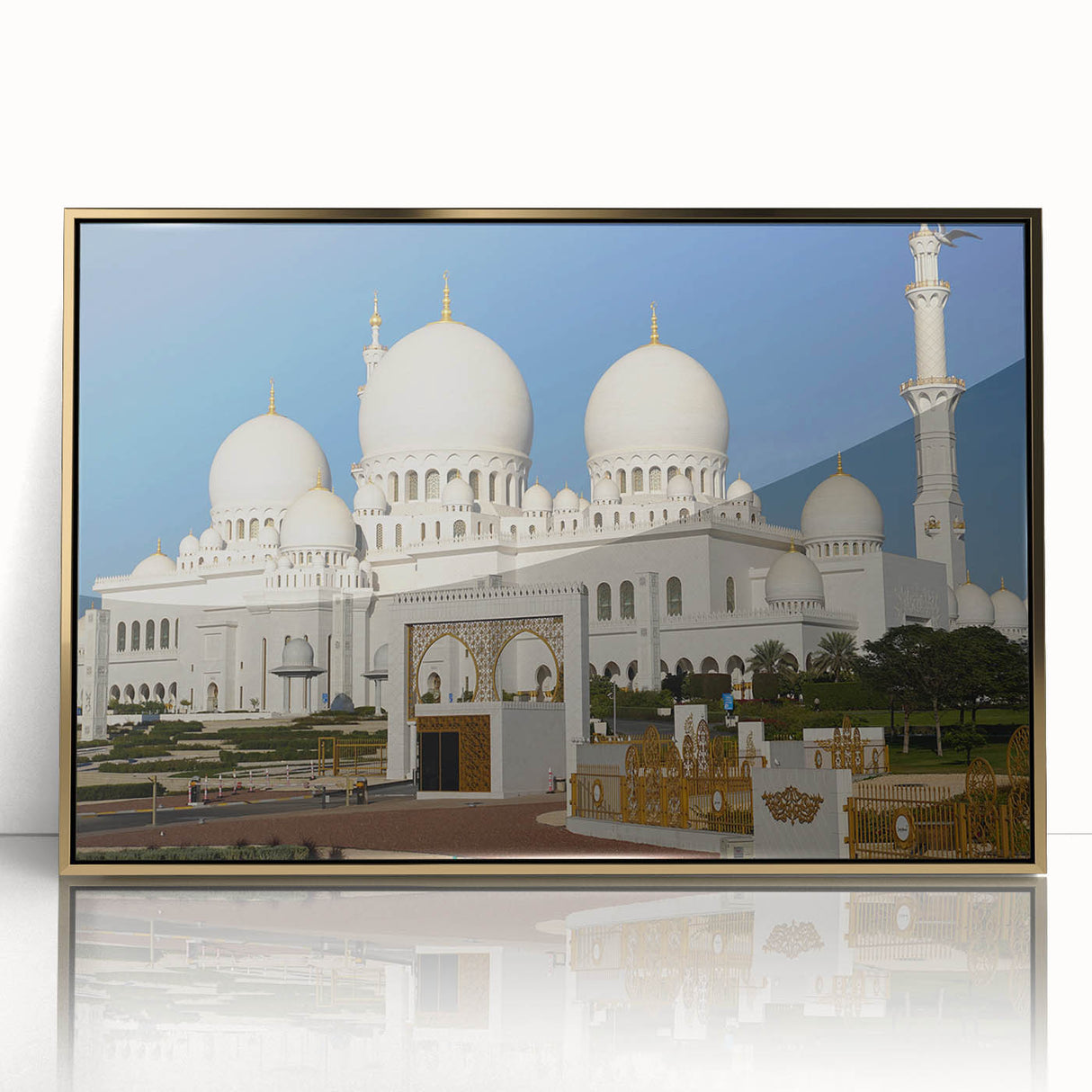 Mid-century modernist acrylic print showing architectural domes in gold and beige tones, ideal for modern art wall decor.