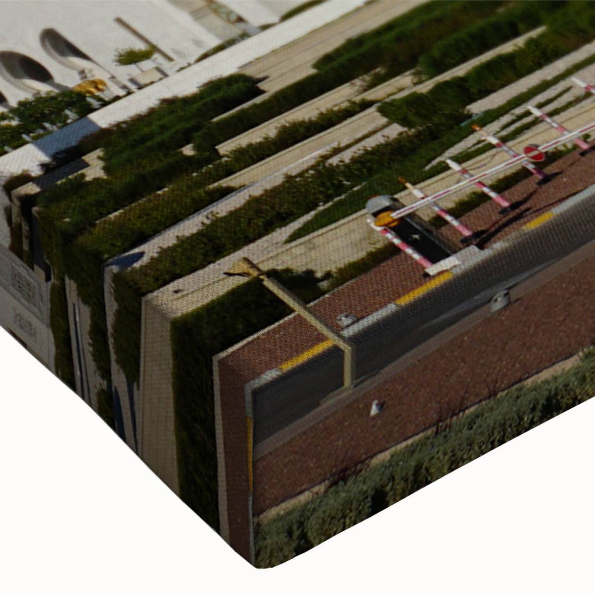 Black and white landscape art of domed buildings on stretched canvas, suitable for bedroom decor.