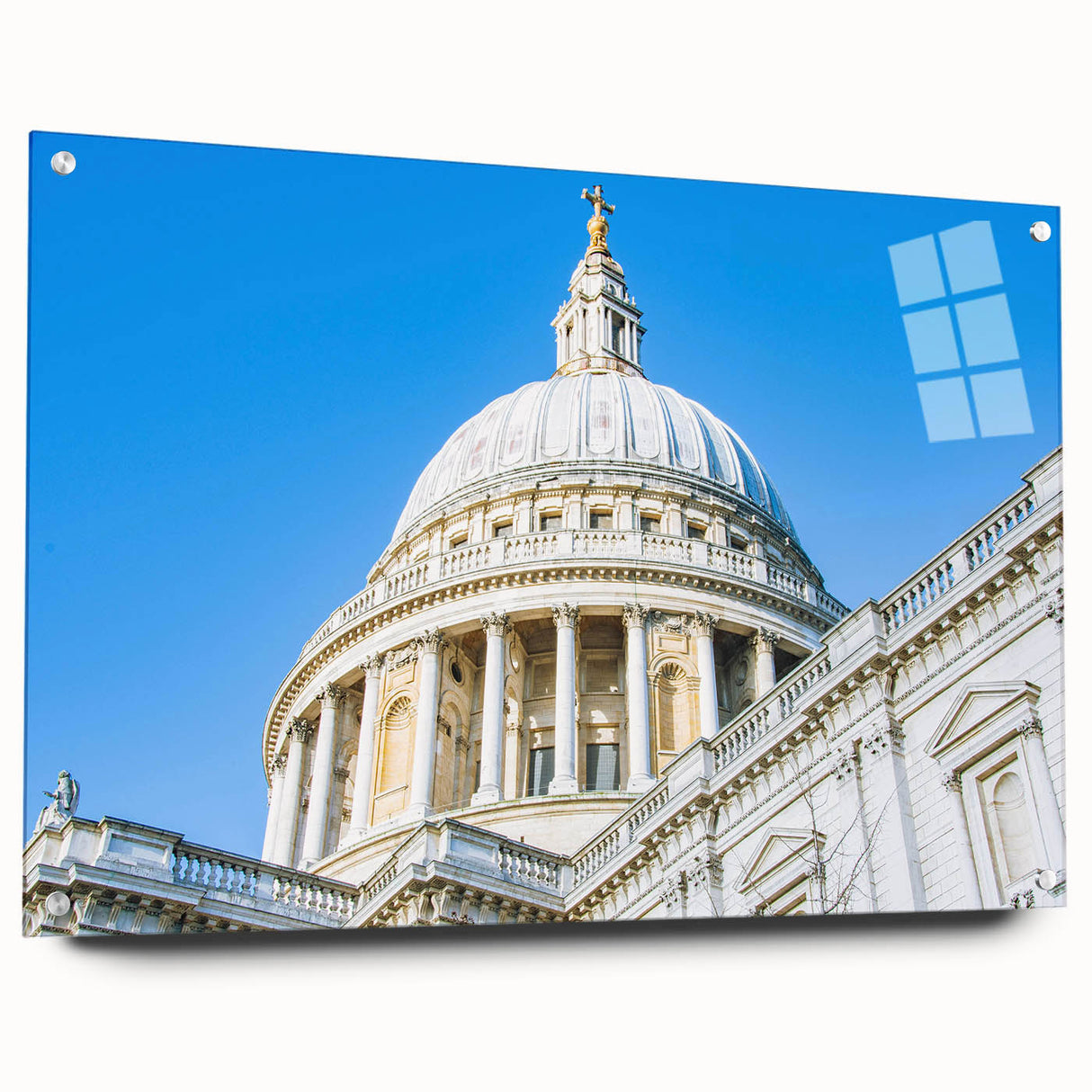 Acrylic print of large abstract wall art featuring architectural domes in muted grays.