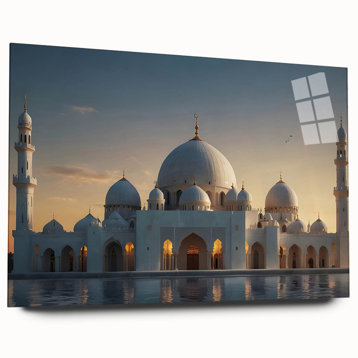 Large abstract wall art on acrylic glass showing overlapping geometric shapes in muted grey and blue.