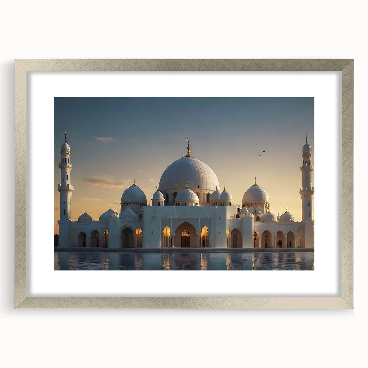 Textured art depicting abstract architectural domes in muted gray, ideal for modern bedroom decor, framed with a silver mat.