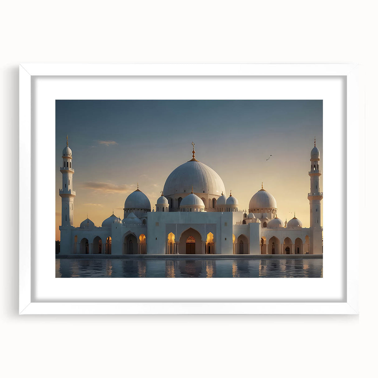 Abstract art print featuring geometric domes in muted gray and white tones on a framed poster.