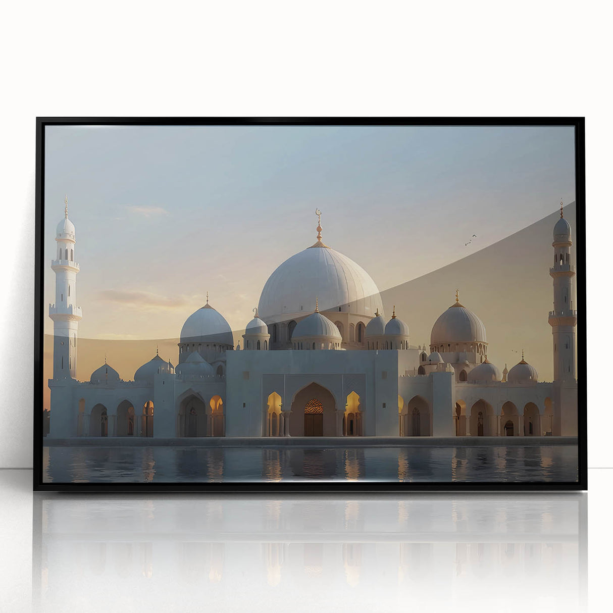 Large abstract wall art featuring overlapping geometric shapes in muted earth tones, framed in black acrylic.