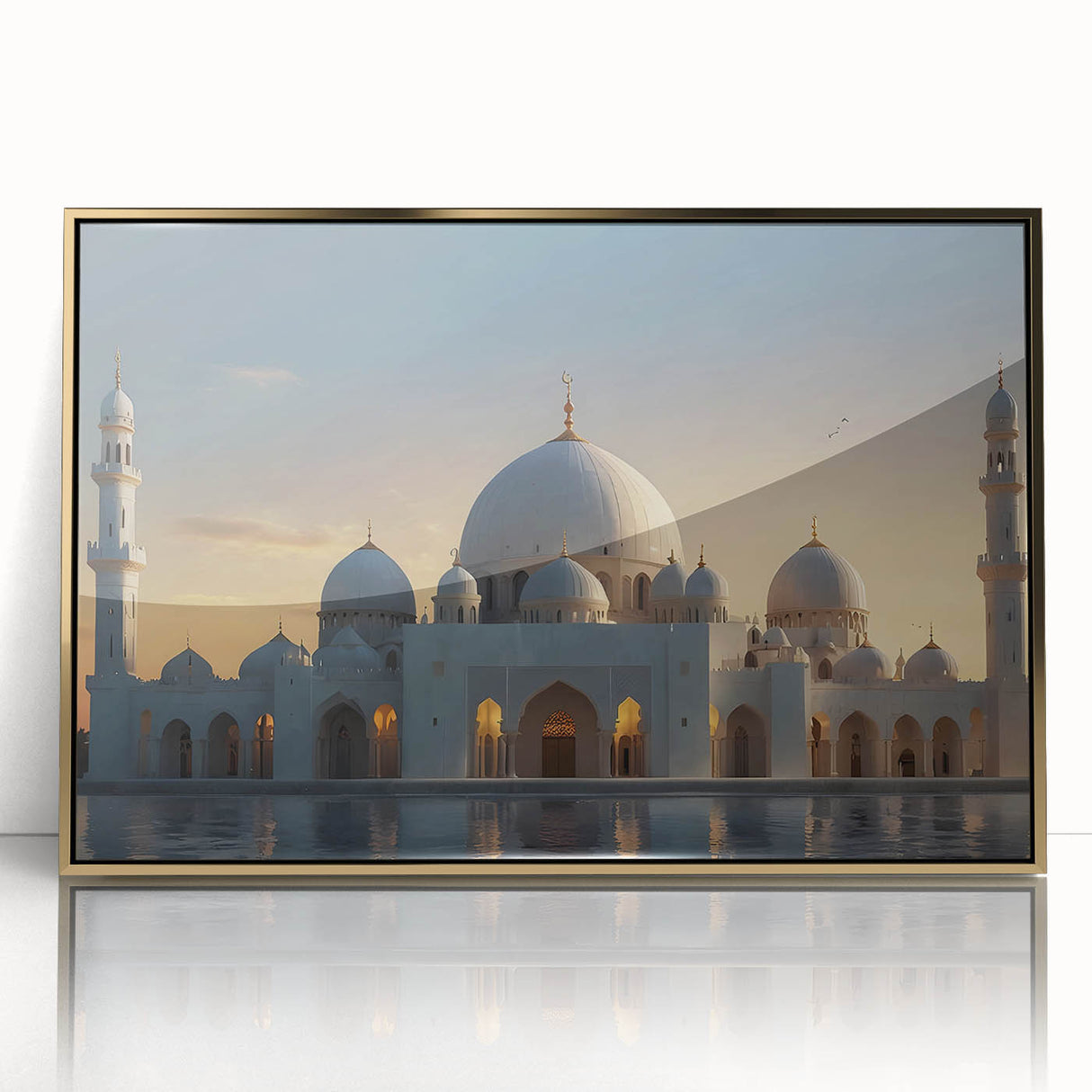 Mid-century modernist acrylic print of architectural domes in gold and white, ideal for nursery wall art.