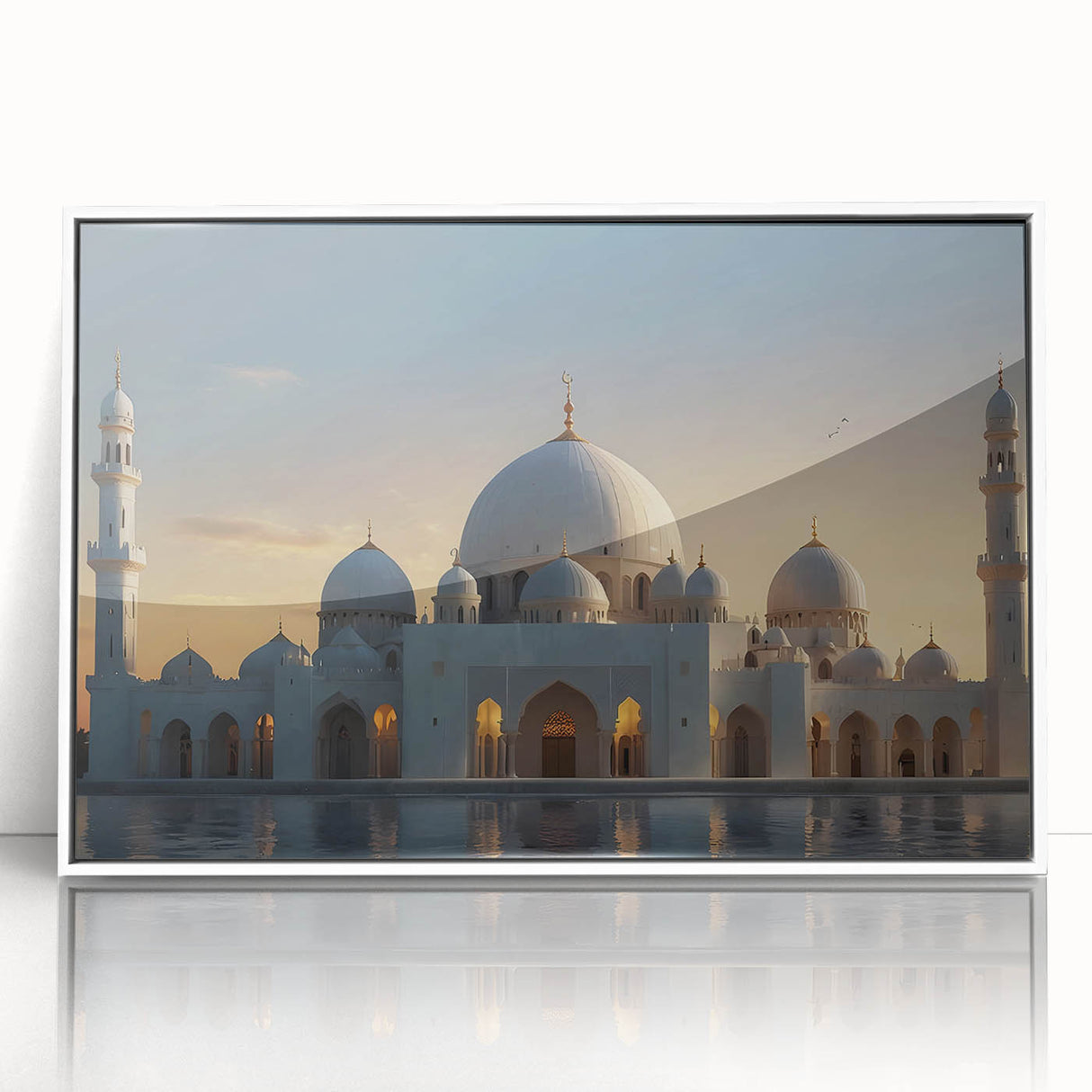 Art deco poster featuring symmetrical dome architecture in white and gray tones on acrylic.