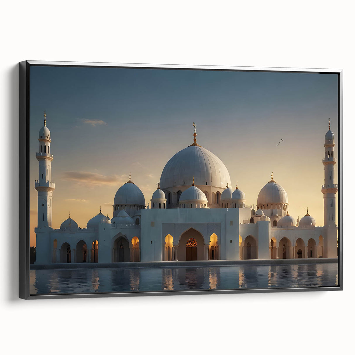 Black and white framed canvas of vintage landscape art with architectural domes, ideal for bedroom decor.