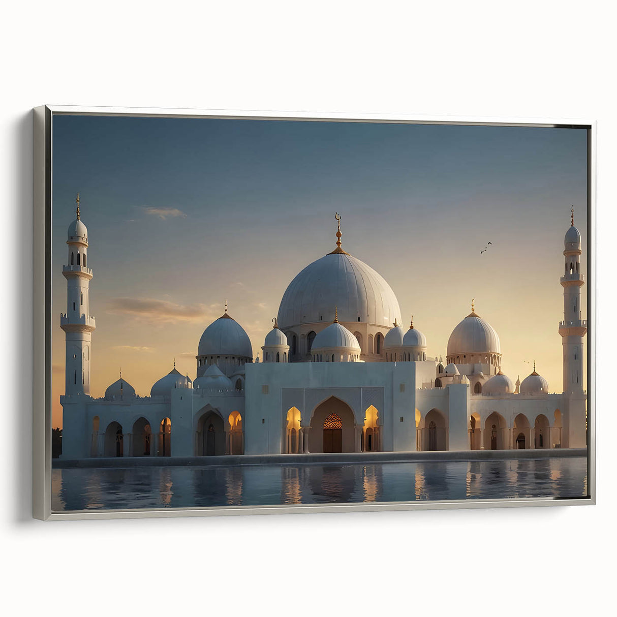 Framed canvas depicting vintage landscape art with colorful domes and black background, ideal for office decor.