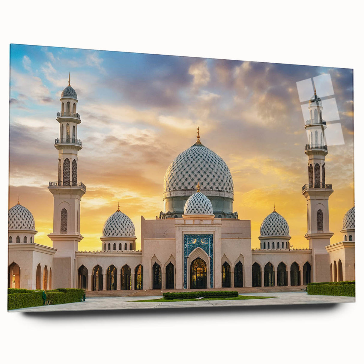 Large abstract wall art featuring overlapping geometric domes in muted gray and blue tones, acrylic print.