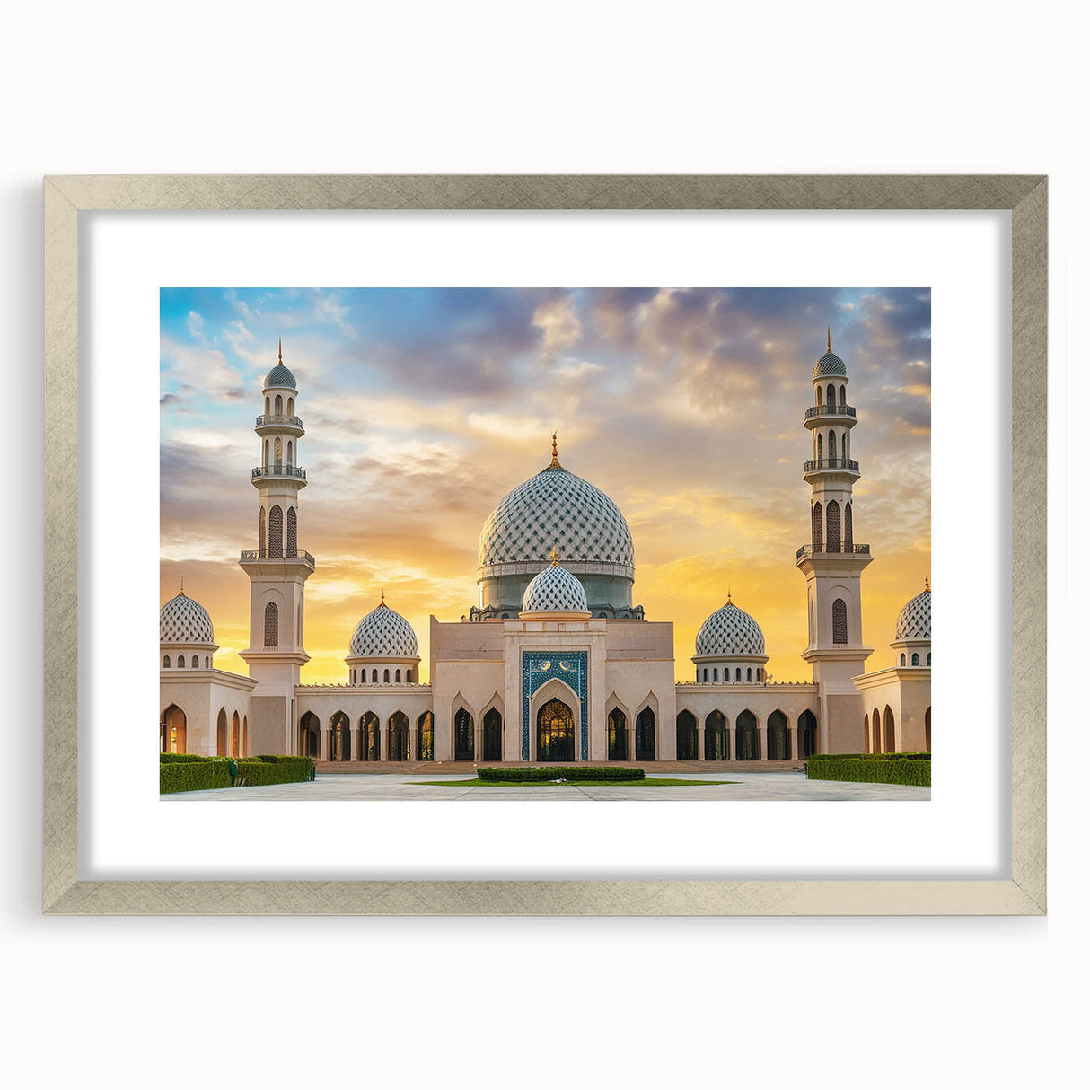 Textured abstract art print of architectural domes in silver frame, featuring a blend of gray and white tones.