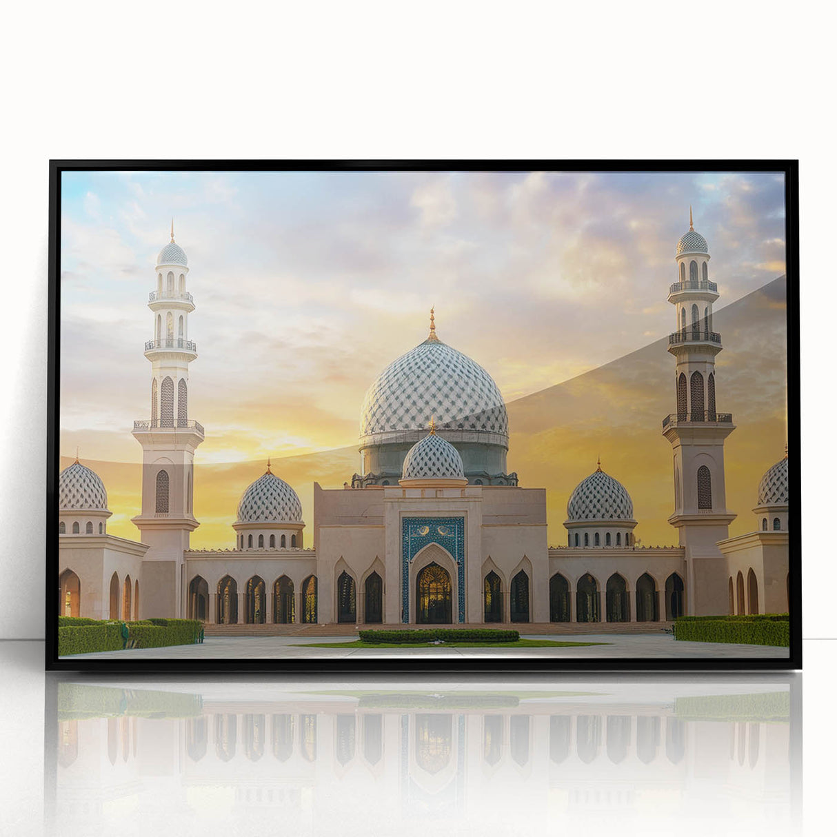 Large abstract wall art featuring black and white architectural domes in a mid-century modernist style, framed in acrylic.