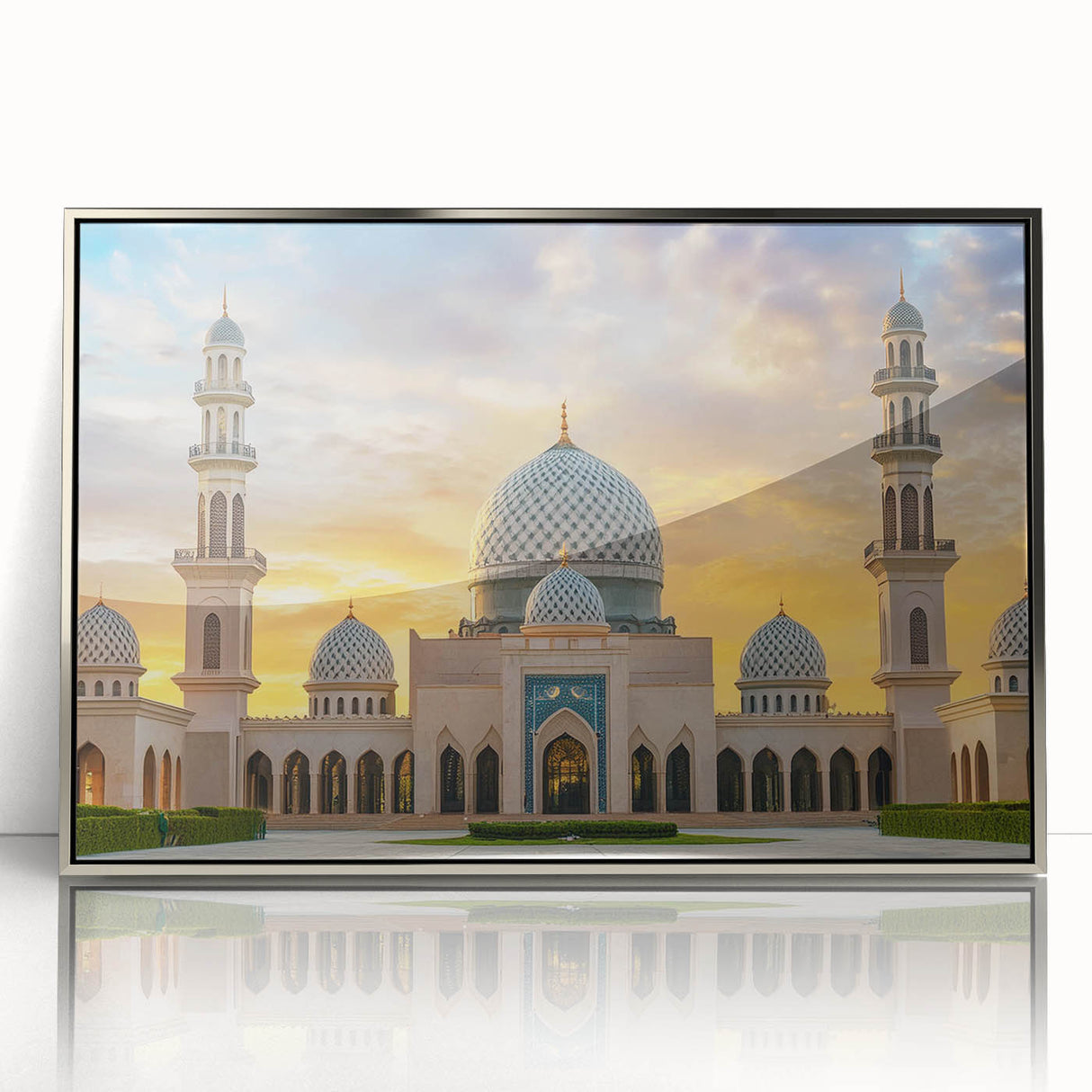 Mid-century modernist art featuring silver architectural domes on a framed acrylic, suitable for nursery wall art.