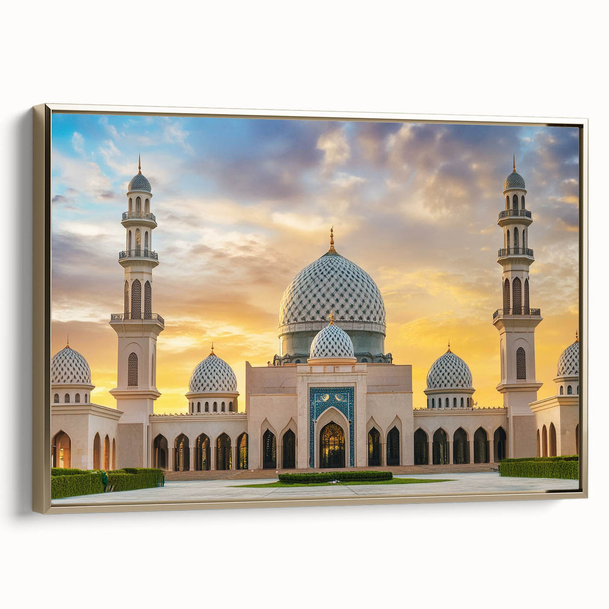 Framed canvas depicting vintage-style landscape with architectural domes in muted gold and black, ideal for bedroom wall art.