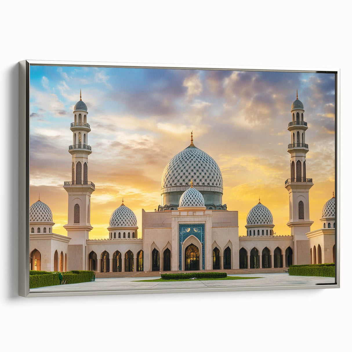 Framed canvas of colorful landscape art paintings, featuring vintage architectural domes in silver, ideal for office decor.