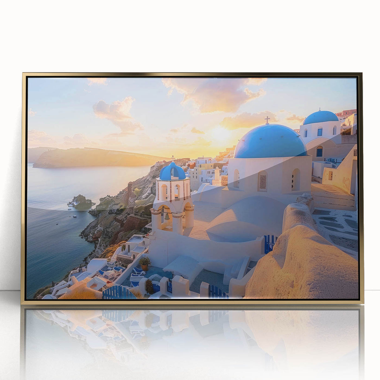 Mid-century modernist acrylic print featuring architectural domes in muted gold and white, ideal for modern art wall decor.