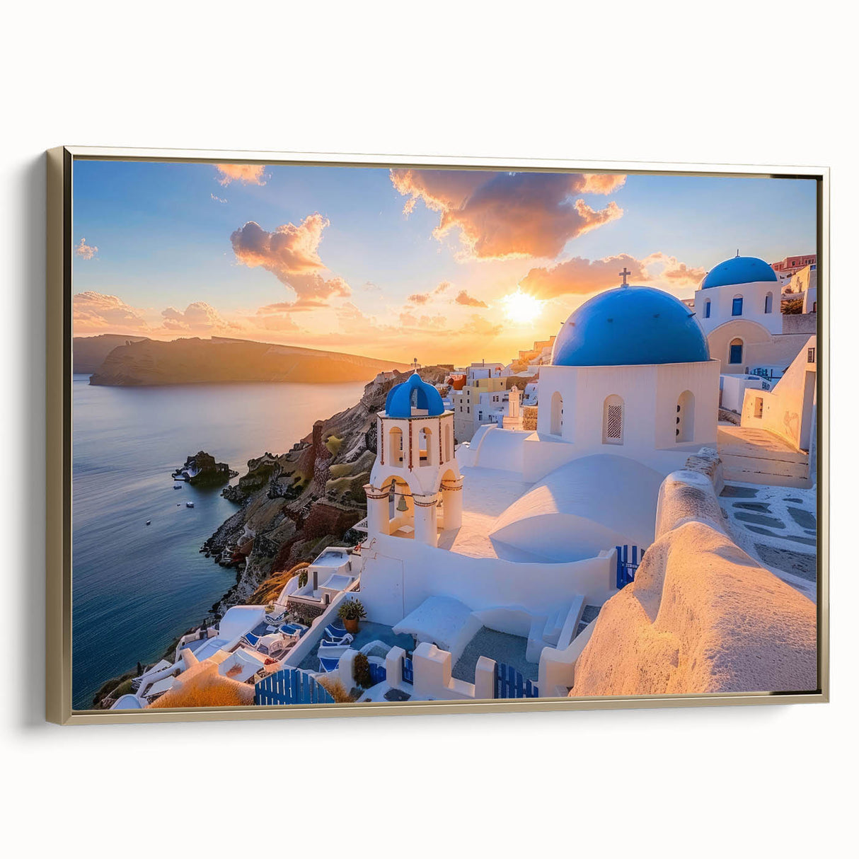 Framed canvas depicting a vintage poster of architectural domes in black and gold, ideal for bedroom wall art.