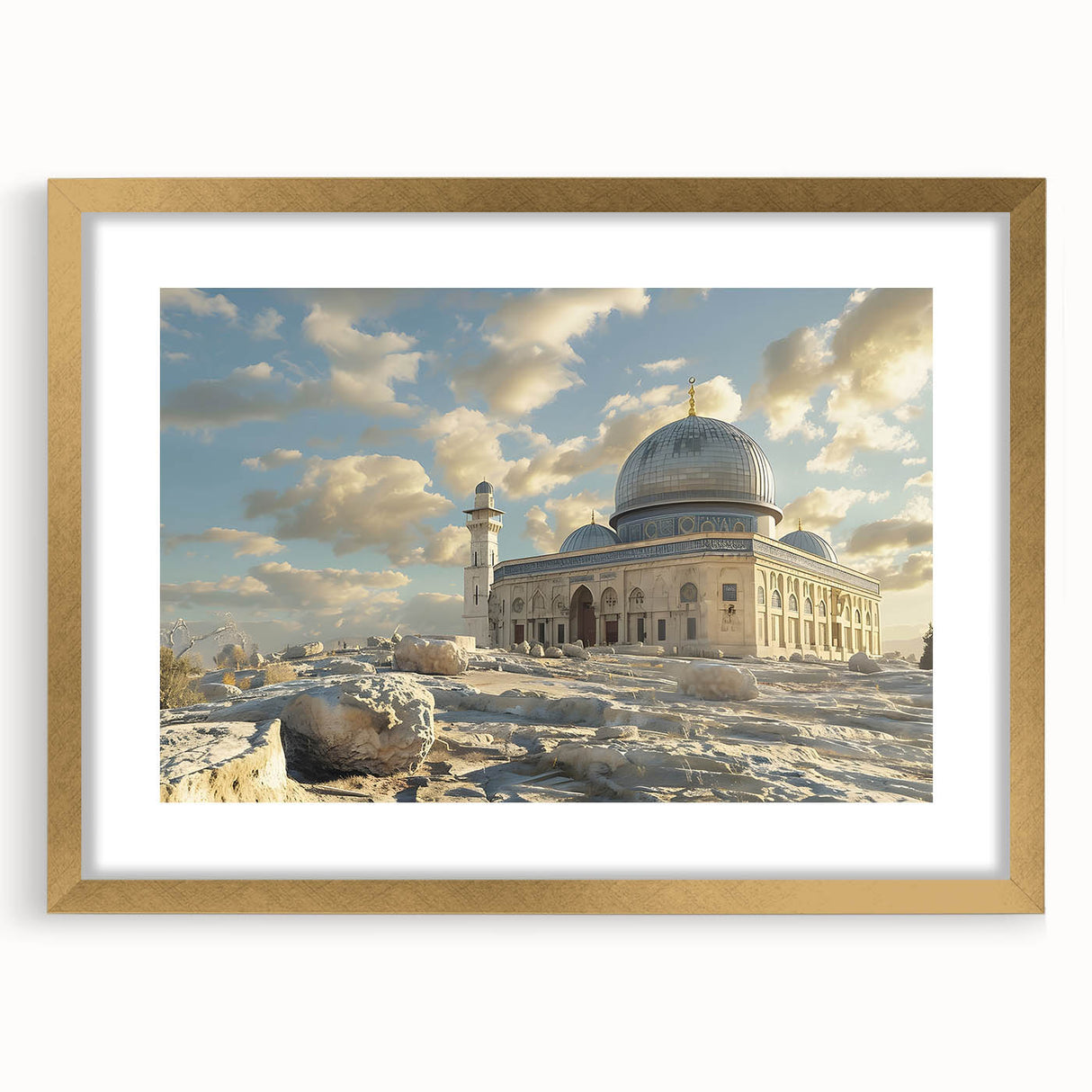 Extra large abstract art print featuring textured domes in muted gold, ideal for living room decor, framed with a mat.