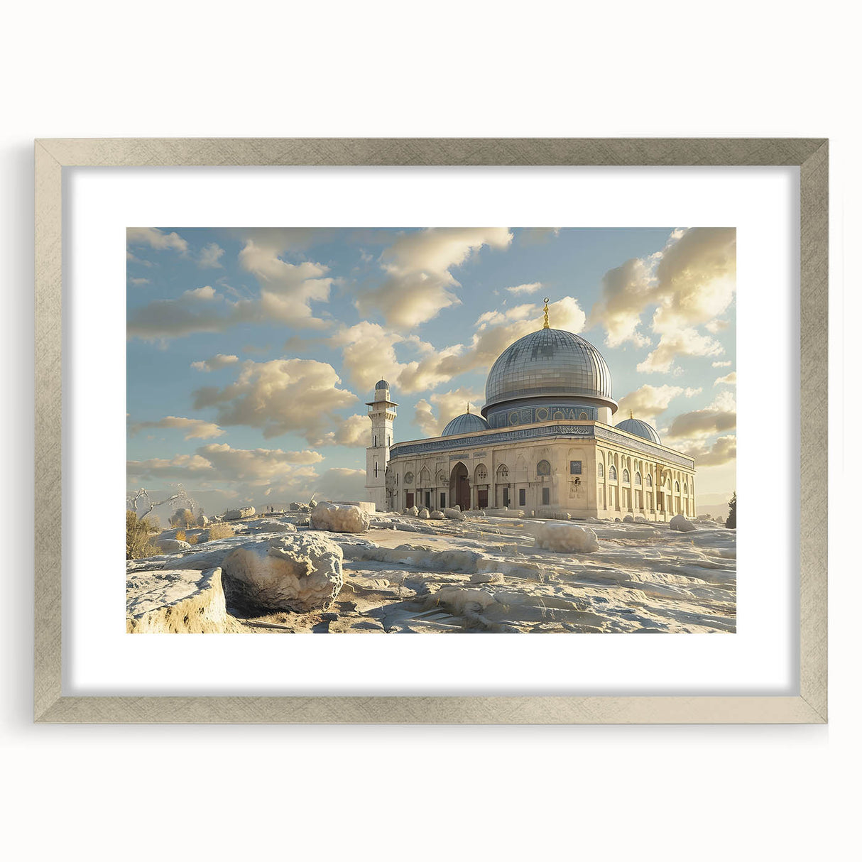 Textured abstract art print featuring architectural domes in muted earth tones, framed with a silver mat.