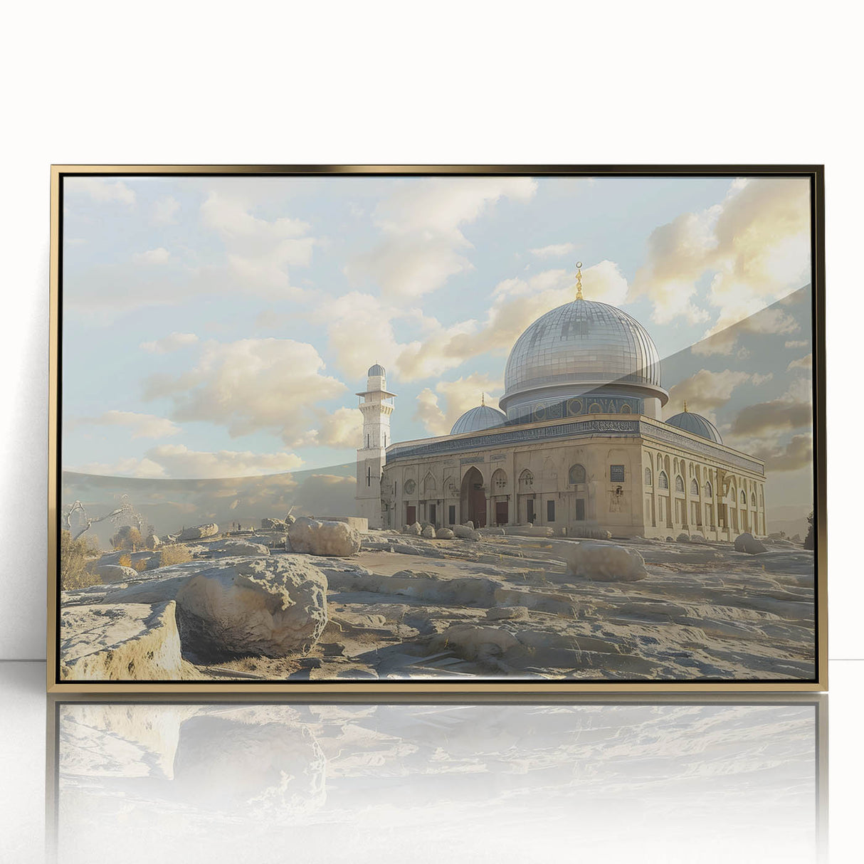 Mid-century modernist acrylic print of architectural domes in gold and white, ideal for modern art wall decor.
