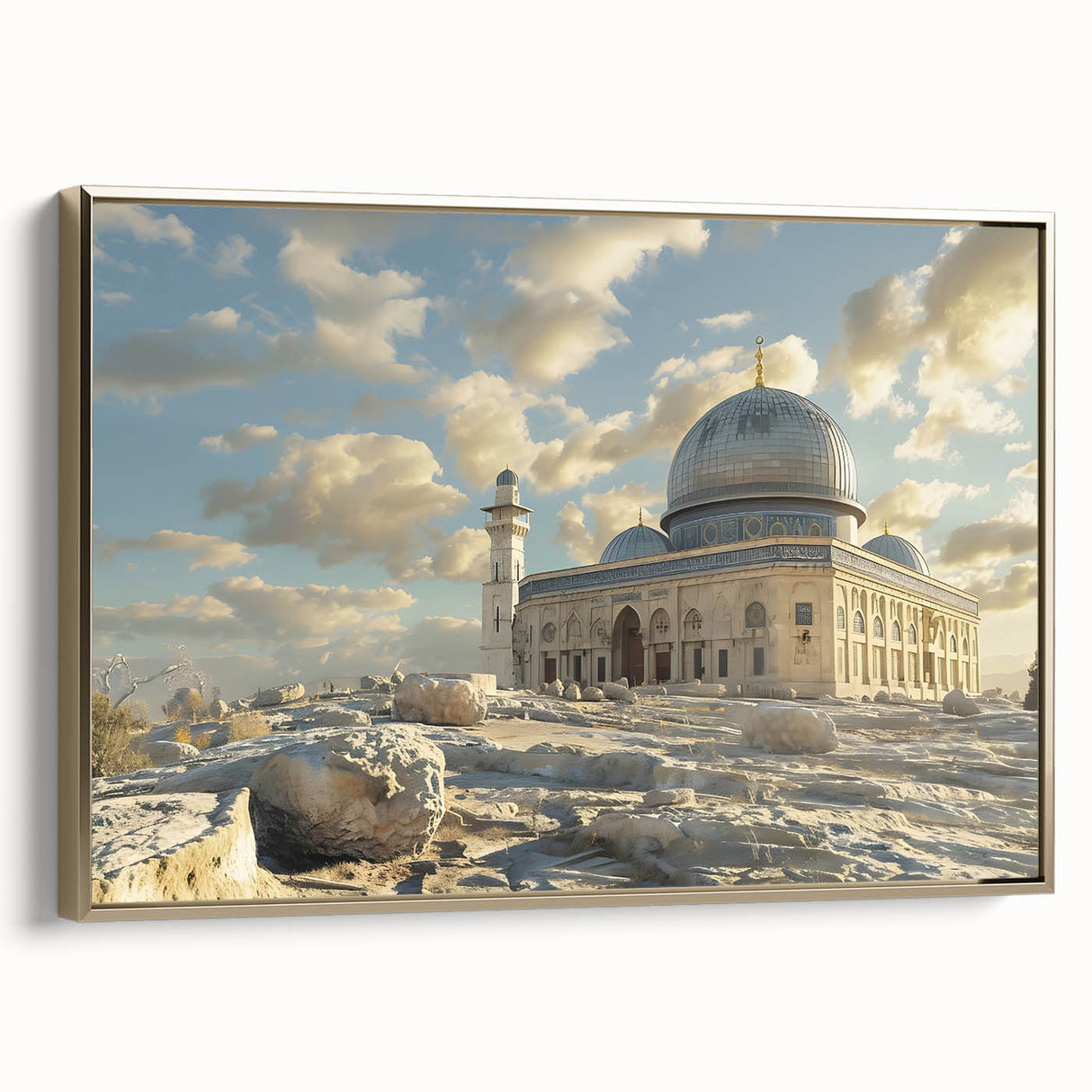 Vintage poster art of architectural domes in black and gold on a framed canvas, suitable for bedroom wall decor.