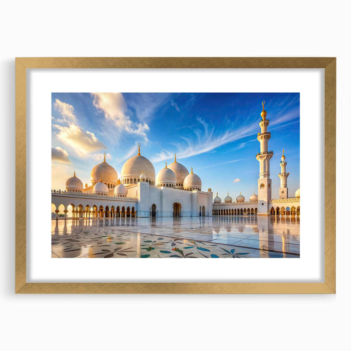 Extra large abstract art print featuring textured domes in muted gold and white, framed in gold, ideal for living room decor.