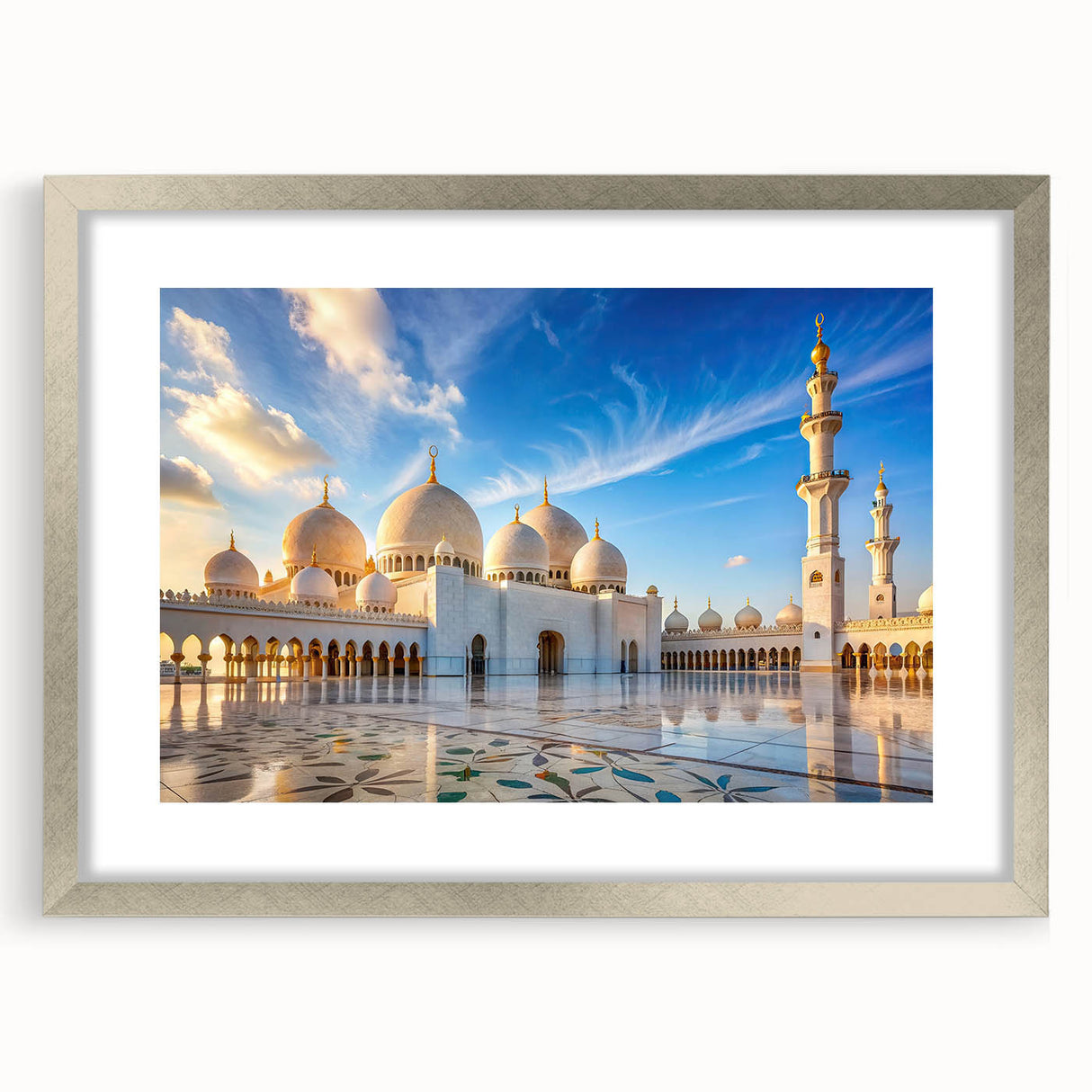 Textured art featuring abstract design in muted grays and blues, displayed in a silver frame, ideal for bedroom wall decor.