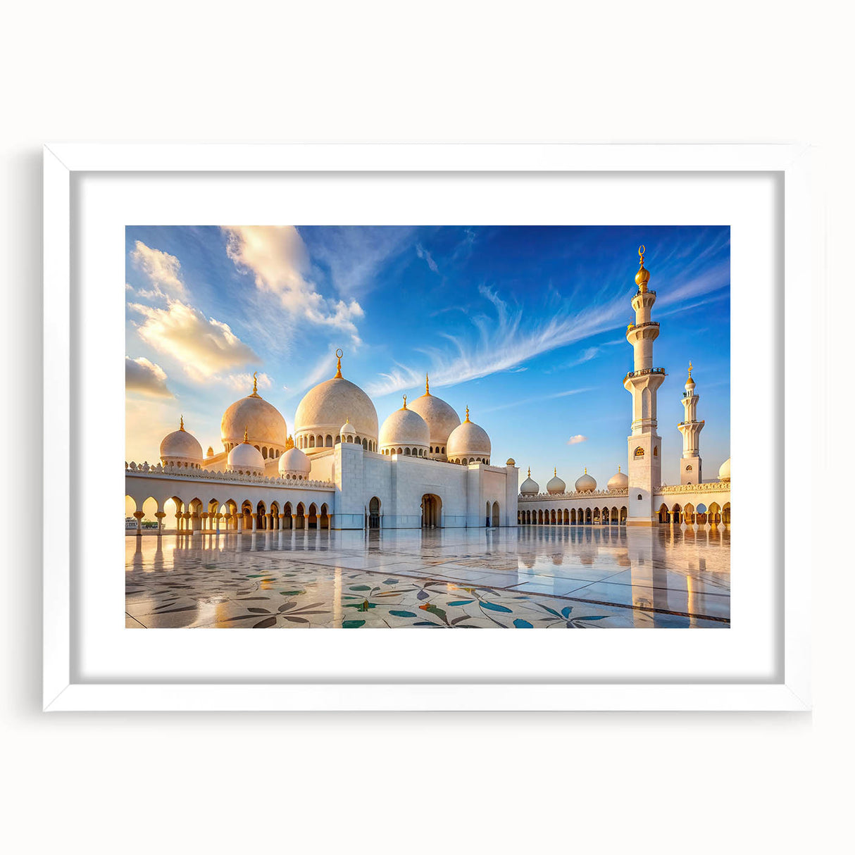 Abstract art print featuring geometric domes in muted gray, framed in white, ideal for dining room decor.