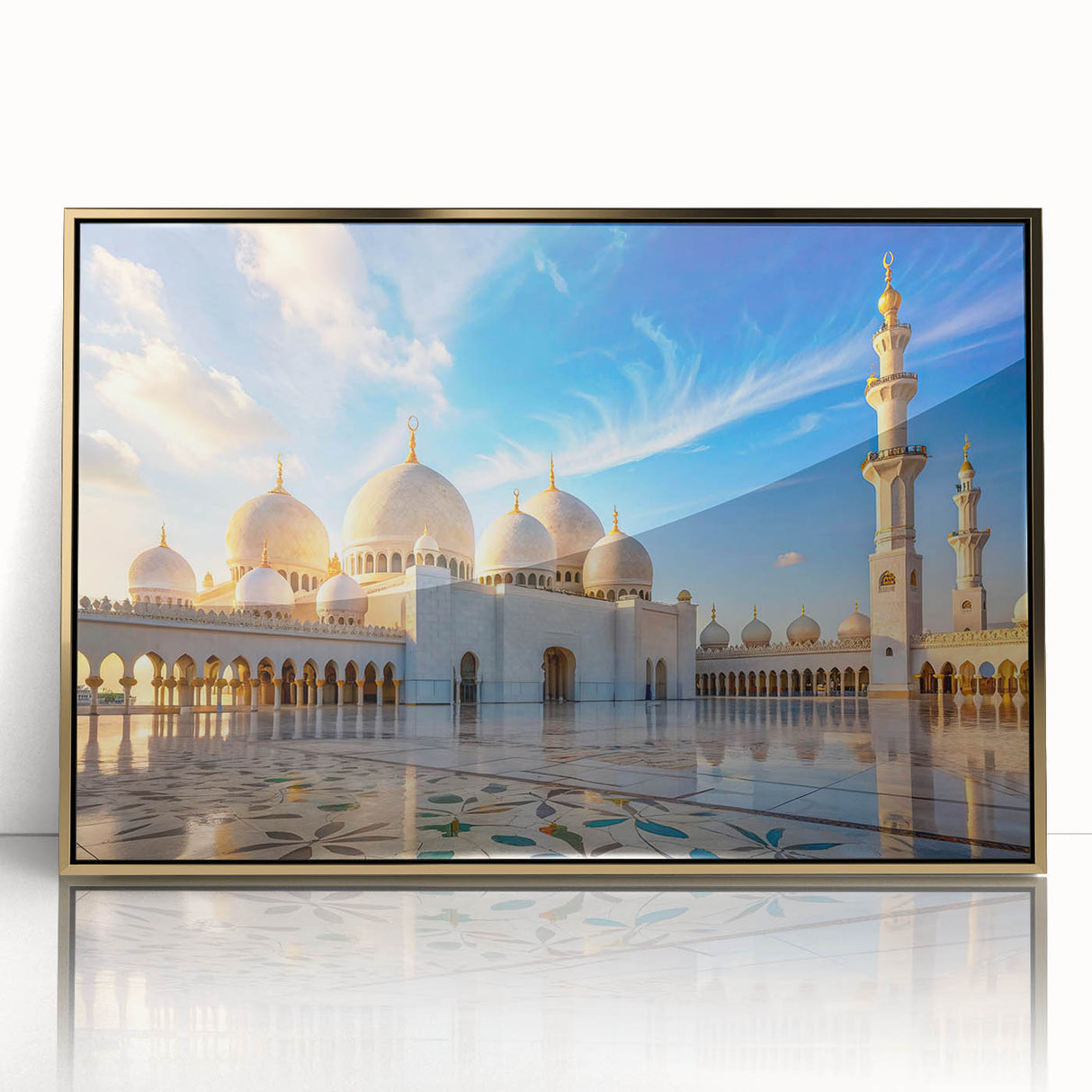 Mid-century modernist architecture with golden domes on a framed acrylic print, suitable for modern art wall decor.