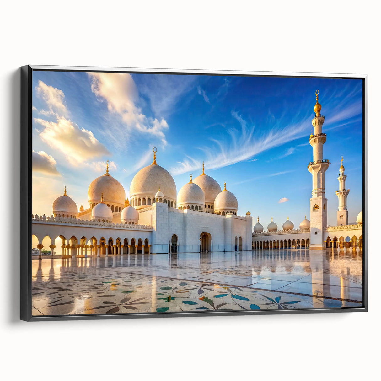 Black and white framed canvas featuring a vintage poster art style landscape with architectural domes.