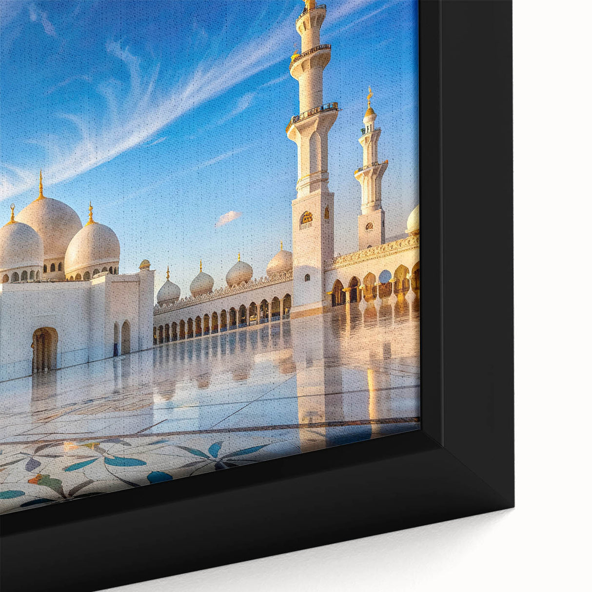 Extra large framed canvas featuring black textured architecture with colorful domed designs, ideal for living room decor.