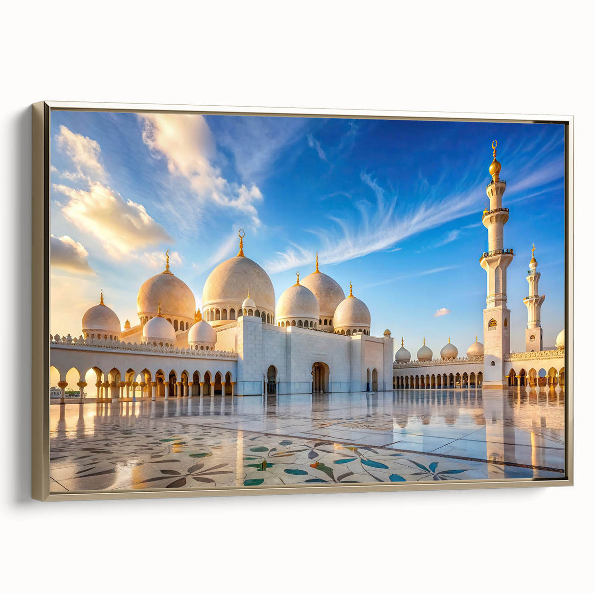 Framed canvas featuring black vintage poster art of architectural domes in muted gold and gray tones.