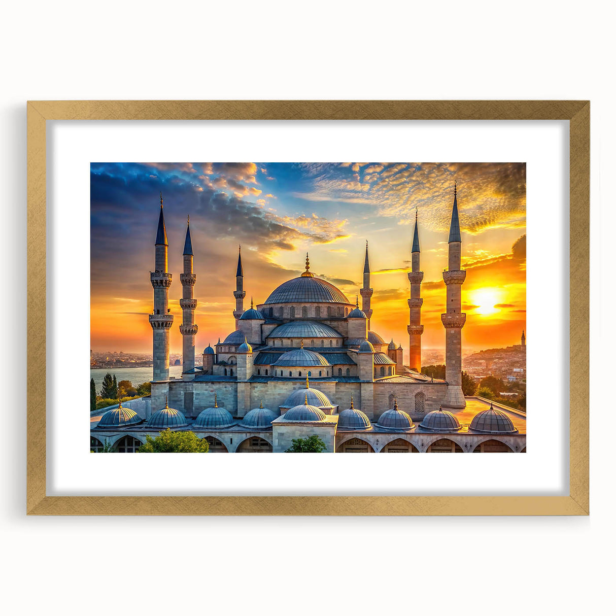 Extra large abstract art print featuring textured design of architectural domes in gray and gold tones, framed in gold.