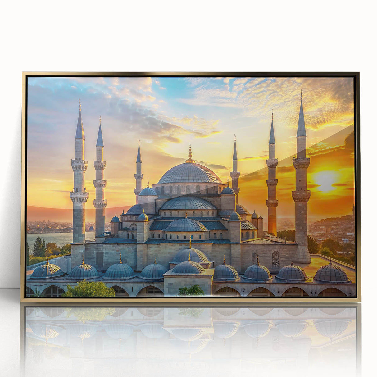 Mid-century modernist acrylic print of architectural domes in muted gold tones, ideal for modern art wall decor.