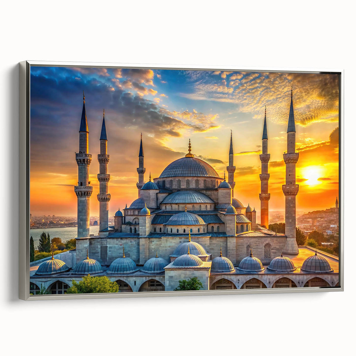 Framed canvas featuring a monochrome landscape with architectural domes, ideal for adding a vintage touch to office spaces.