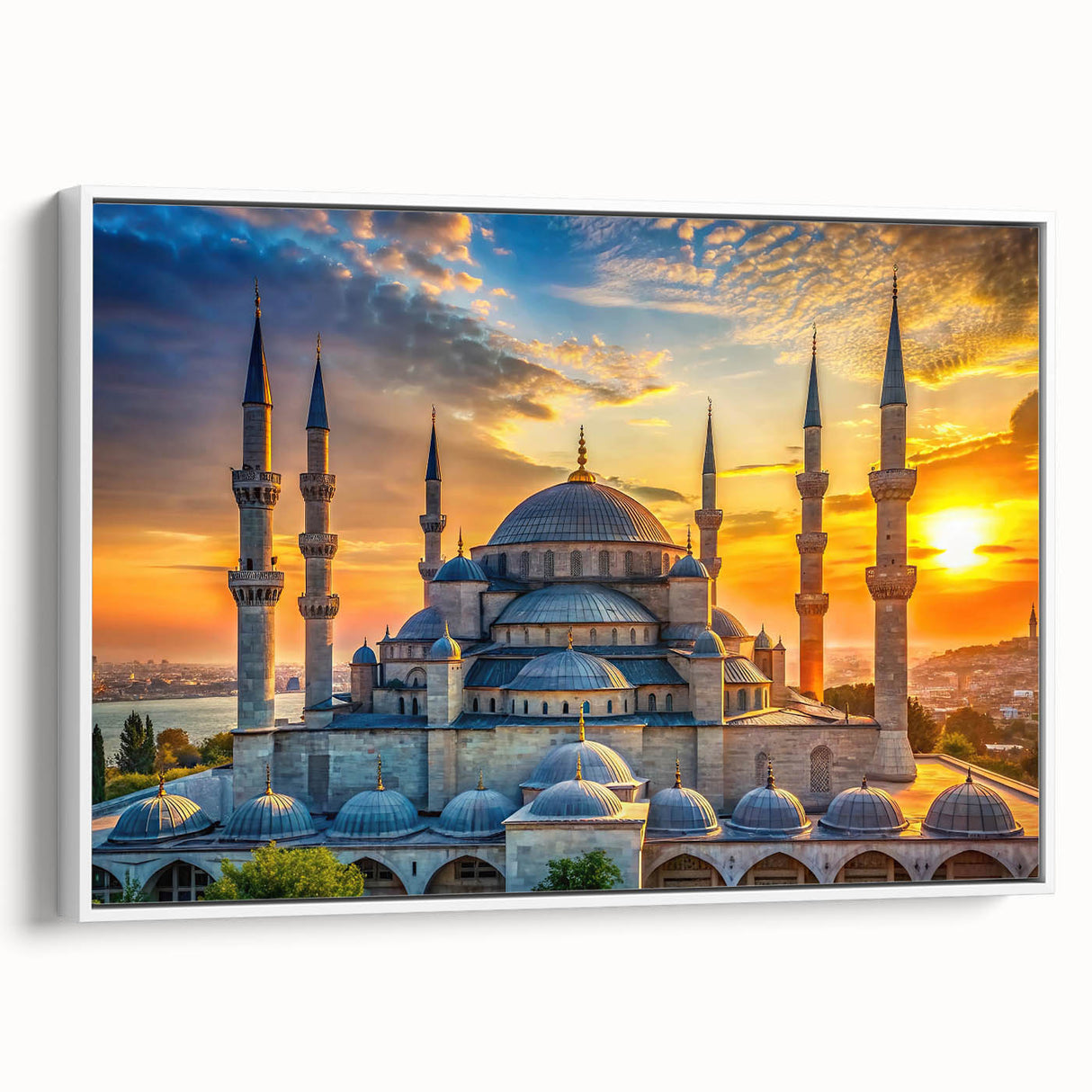 Vintage poster art of colorful architecture domes on a large framed canvas, suitable for living room decor.