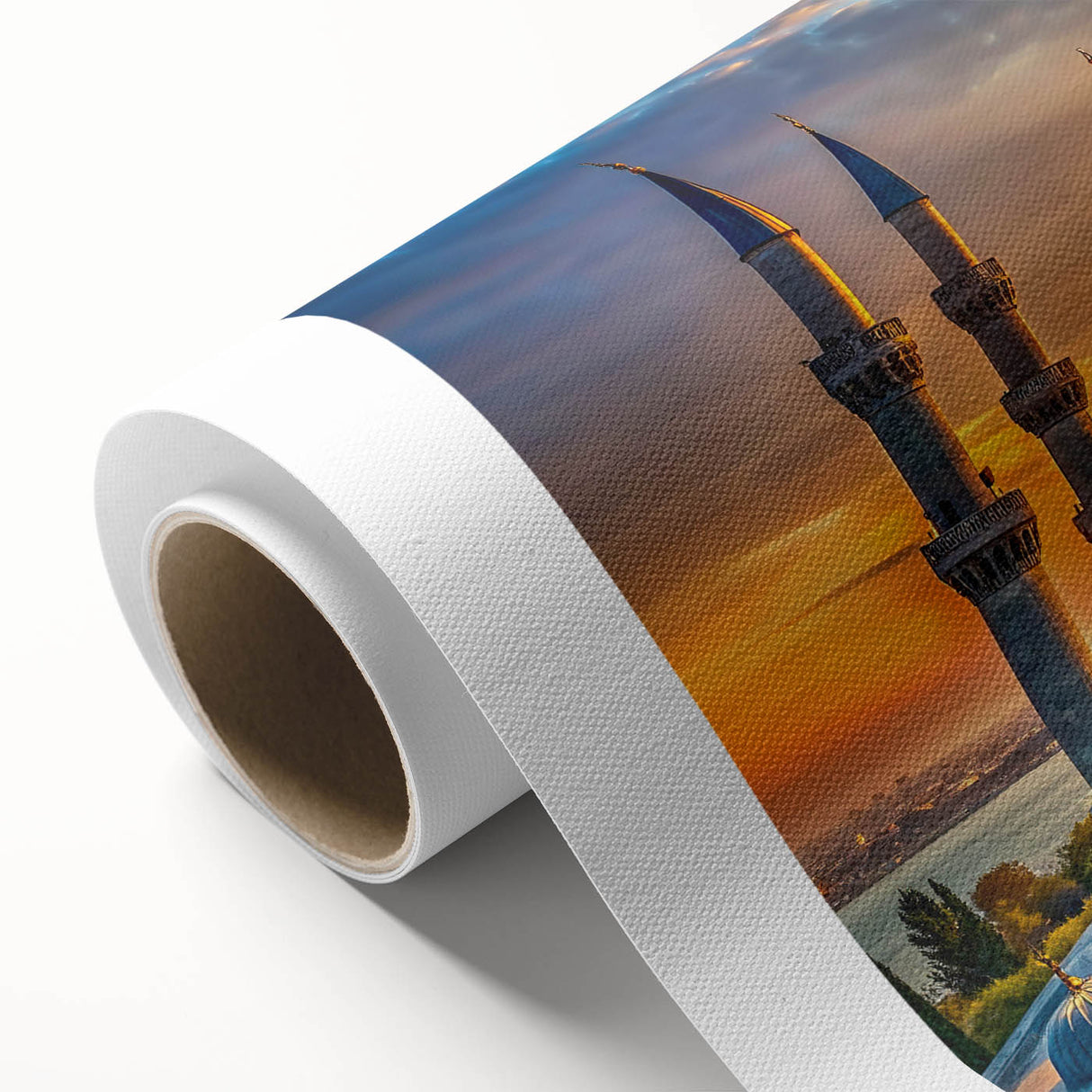 Art Deco poster featuring symmetrical domes in muted gold and teal tones on rolled canvas, ideal for nursery wall art.