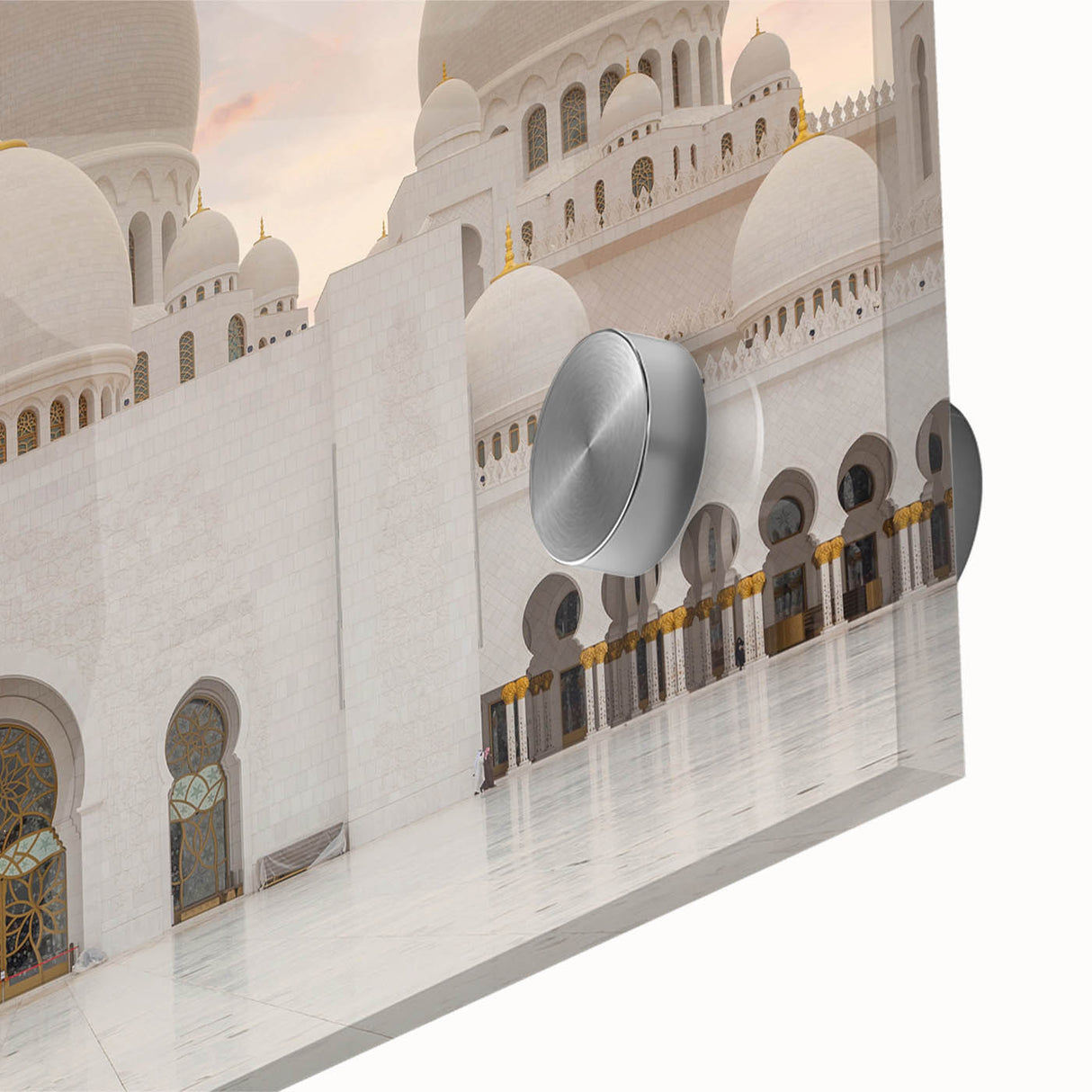 Mid-century modernist large abstract wall art featuring geometric domes in muted gray and blue tones, acrylic glass.