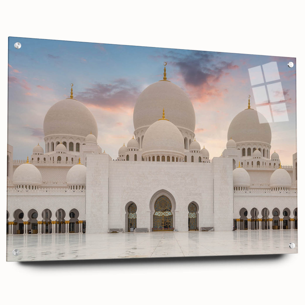 Side view of large abstract wall art on acrylic, featuring architectural domes in muted grays.