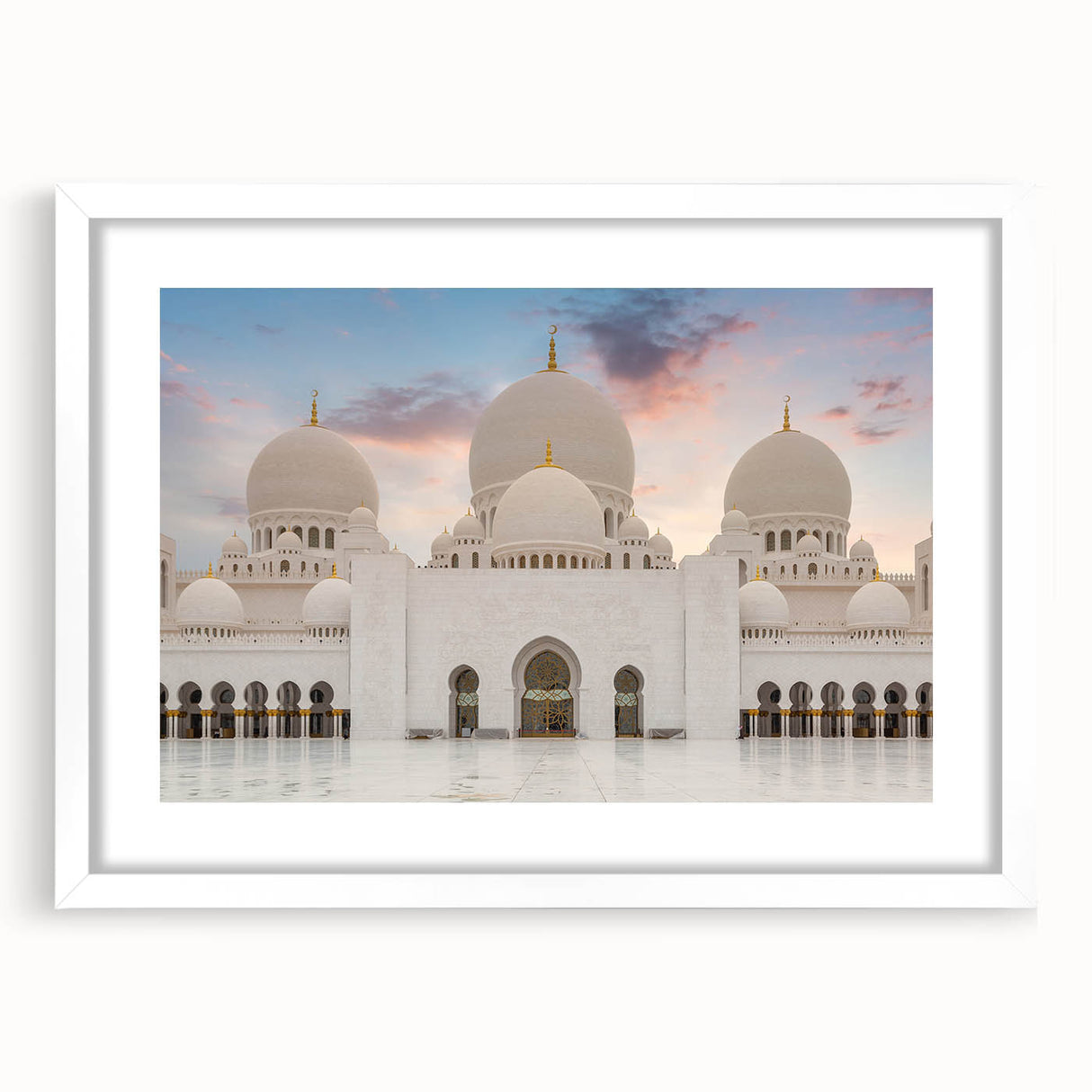 Abstract art prints featuring geometric domes in neutral shades, framed in white, suitable for dining room decor.