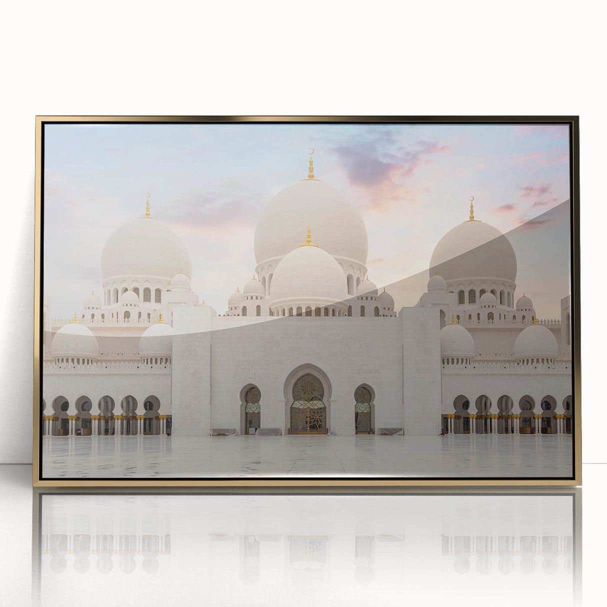 Framed acrylic print featuring a mid-century modernist design of architectural domes in gold and white tones.