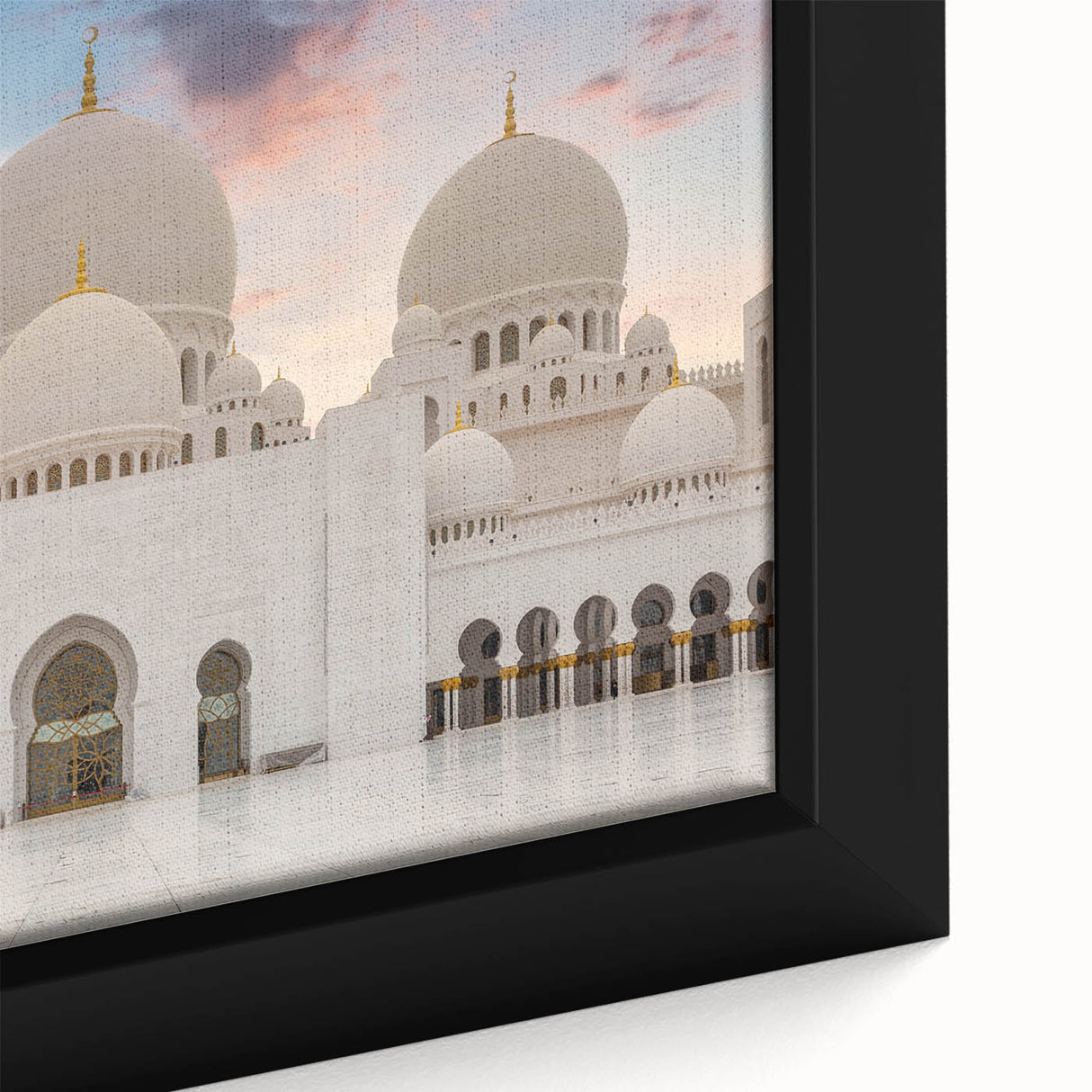 Close-up of a black wall art featuring colorful, textured architecture domes on a framed canvas.