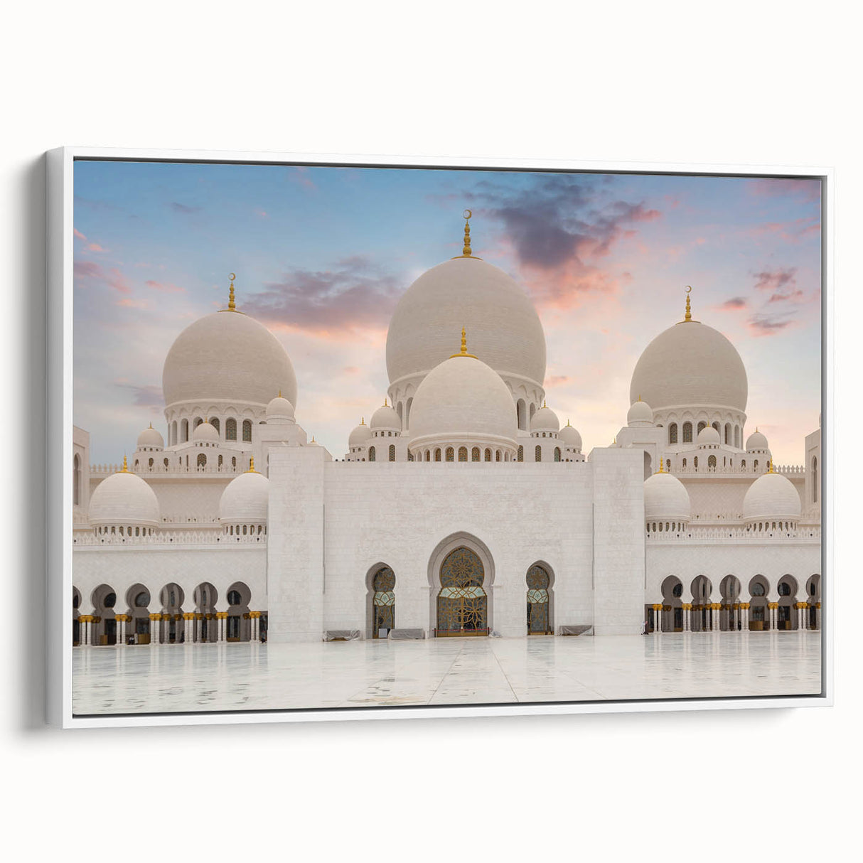 Vintage poster art of architectural domes in colorful hues on a framed canvas, ideal for living room decor.