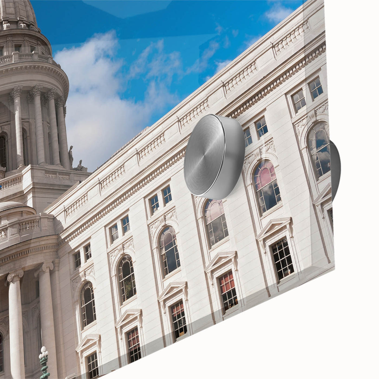 Large abstract wall art featuring mid-century modernist domes in muted gray tones on acrylic glass.