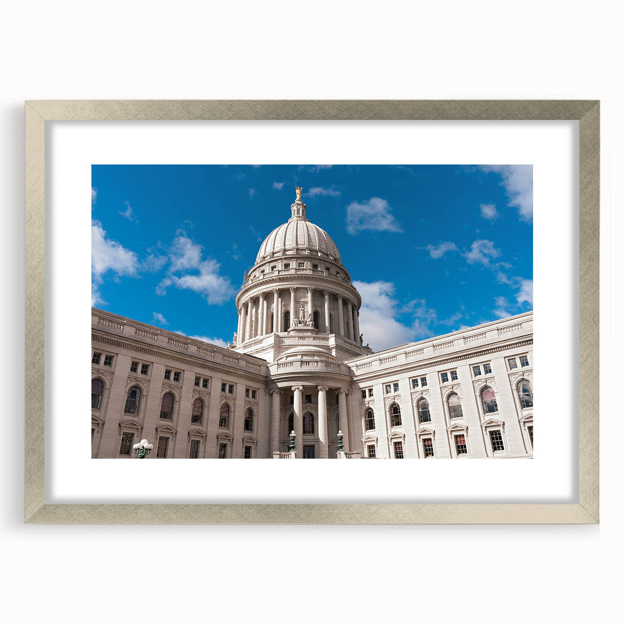 Abstract textured art print featuring silver architectural domes on a framed canvas, ideal for modern bedroom decor.