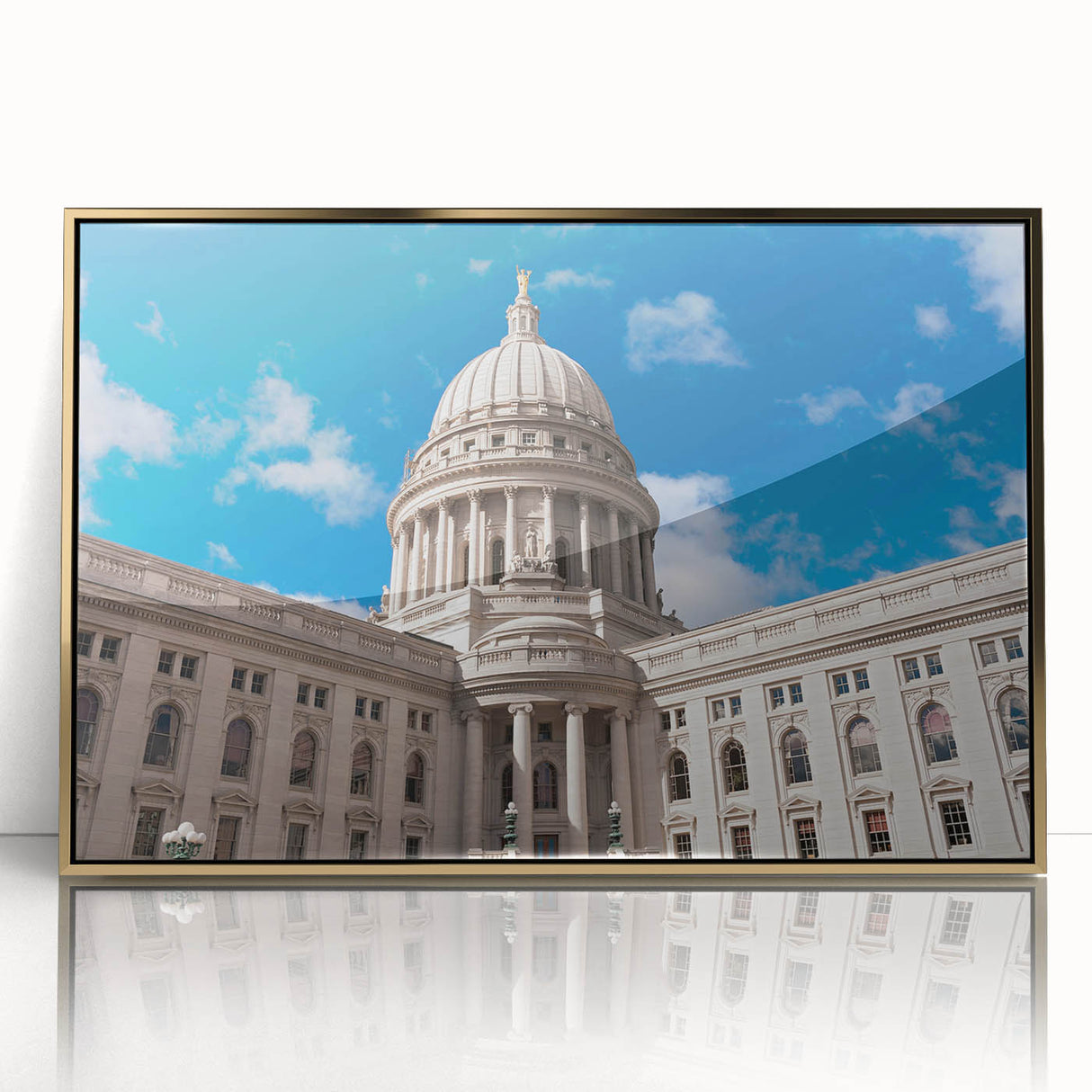 Mid-century modernist acrylic print featuring gold-domed architectural design, ideal for modern art wall decor.