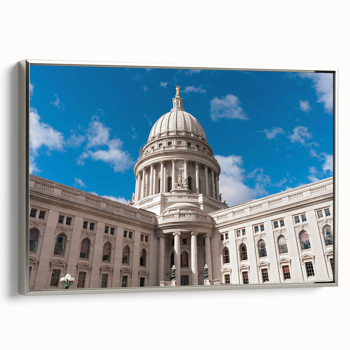 Framed canvas featuring a landscape art painting of colorful architectural domes in vintage poster style.