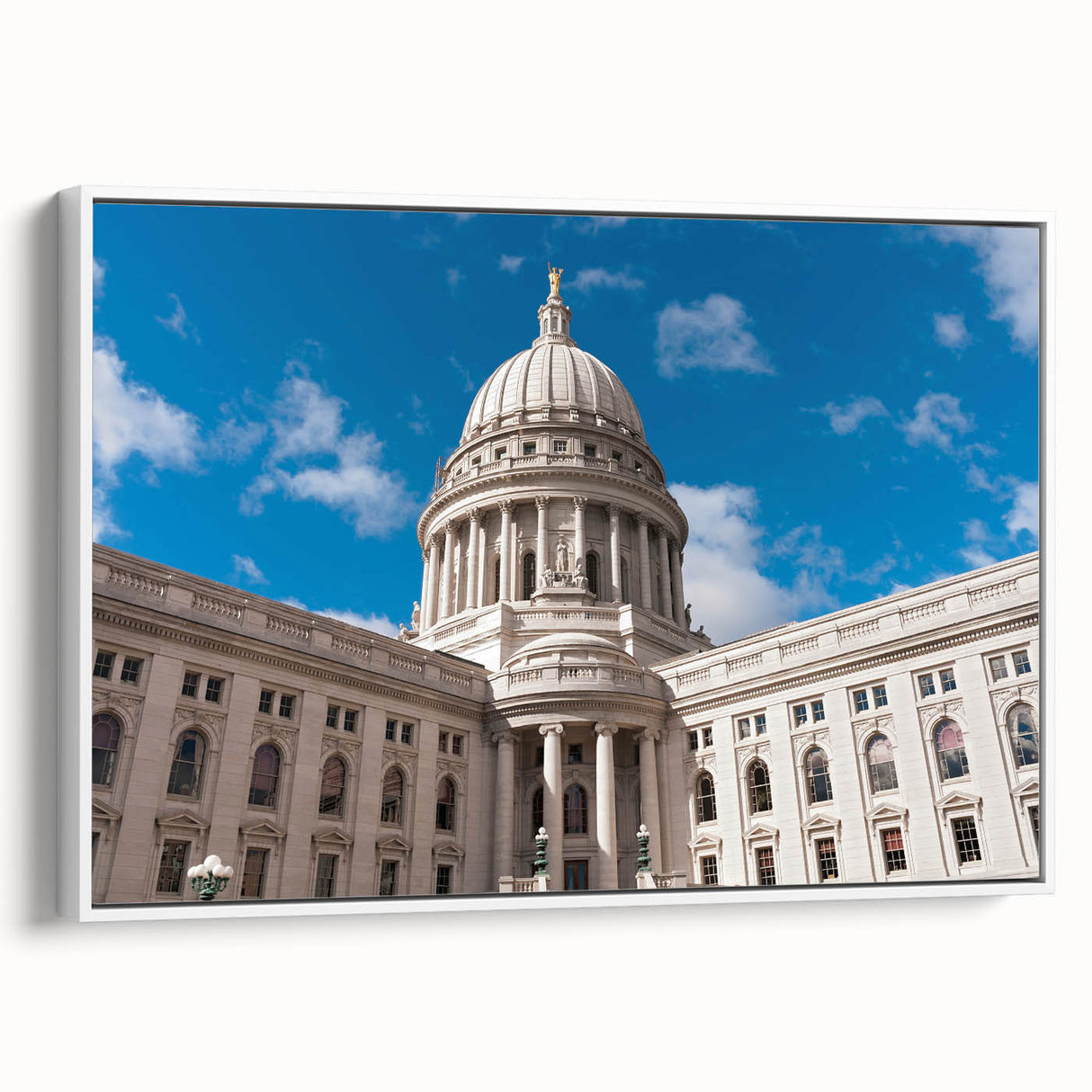 Vintage poster art of colorful architectural domes on a large framed canvas, ideal for living room decor.