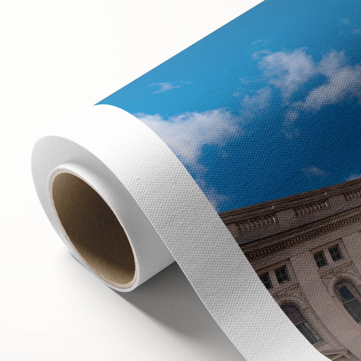 Art Deco style poster featuring symmetrical architectural domes in muted gold and blue tones on rolled canvas.