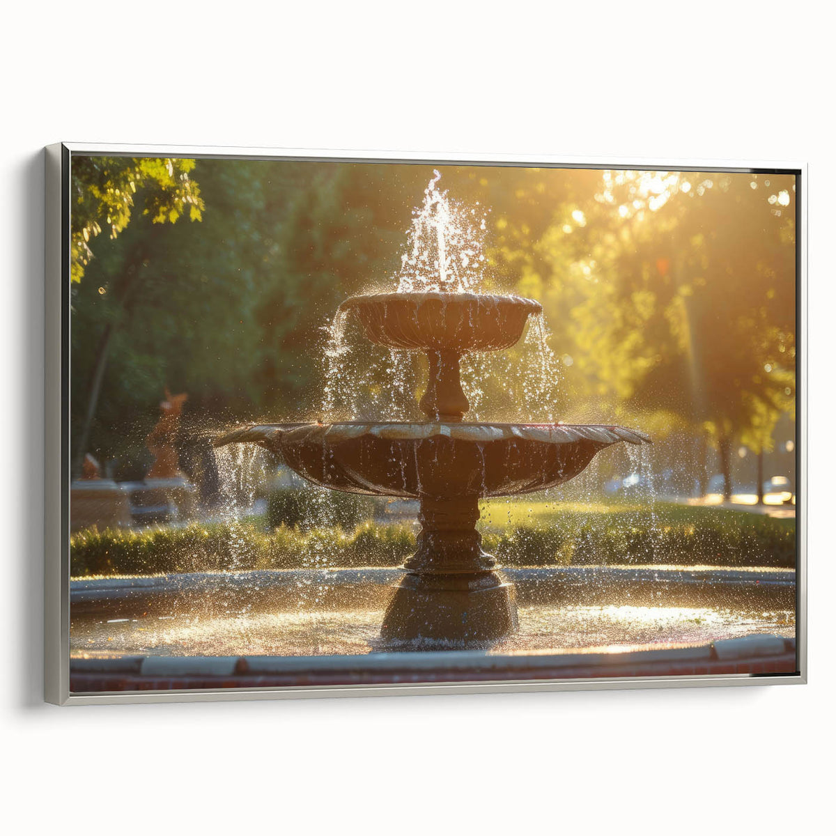 Vintage poster art of an architectural fountain in vibrant colors on extra large framed canvas, ideal for living room decor.