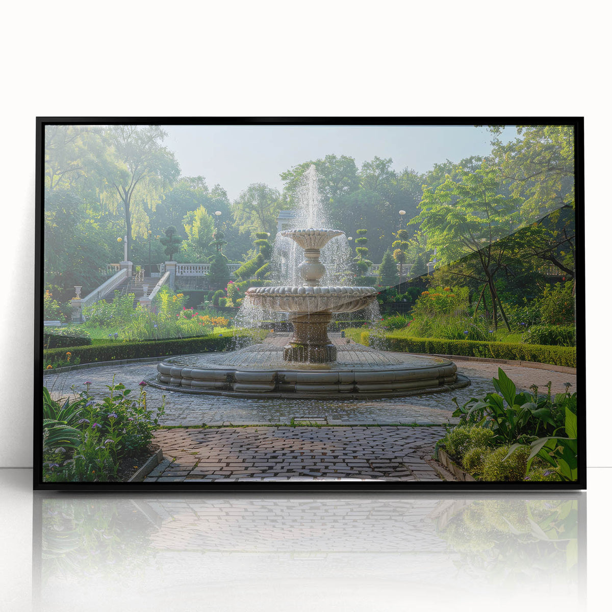 Large abstract wall art featuring a mid-century modernist fountain design in black and white, acrylic framed print.