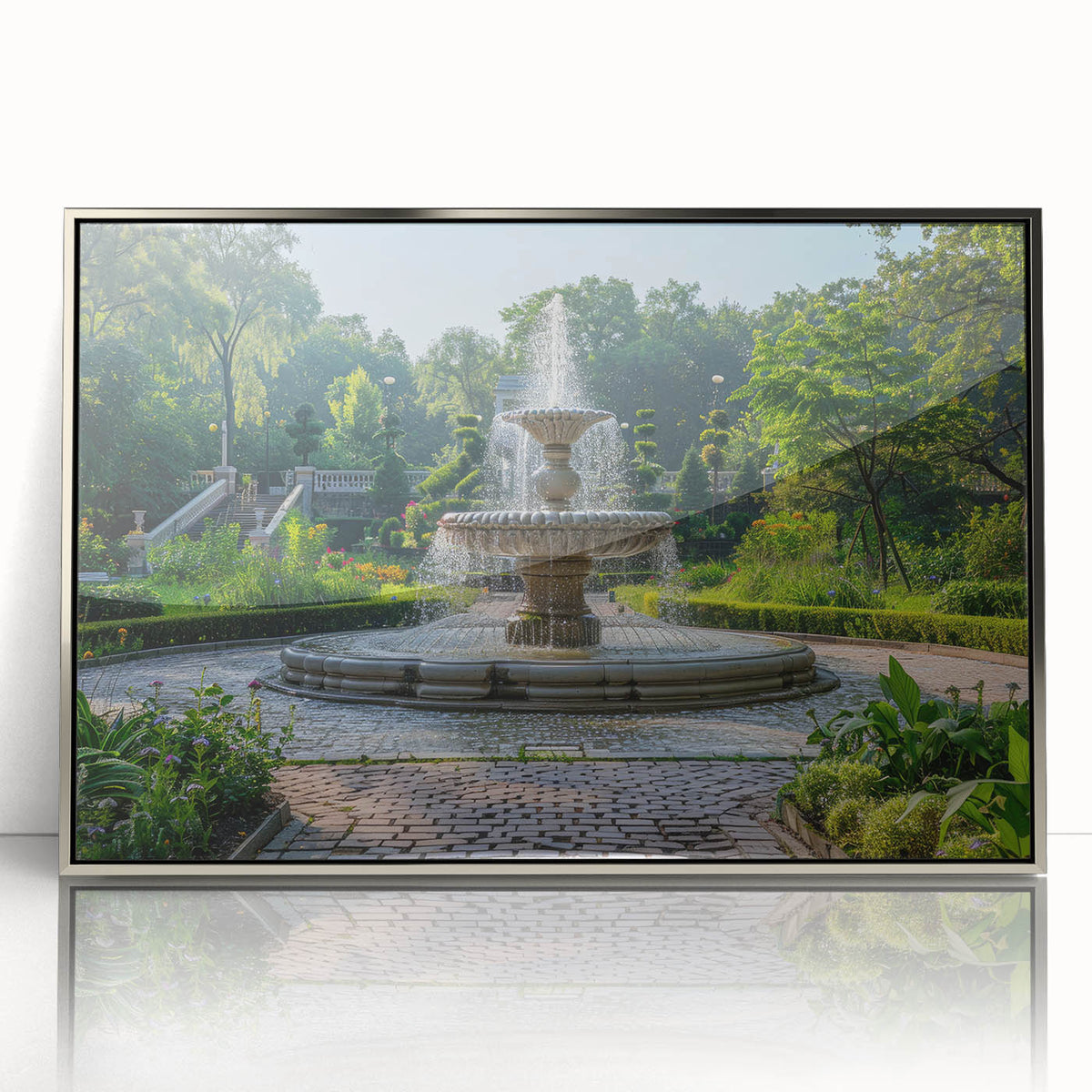 Mid-century modernist art depicting a silver architectural fountain design on framed acrylic.